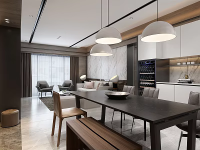 Modern Dining Living Room Interior Design With Pendant Lights Dining Table Sofa And Wine Cabinet 3d model