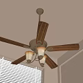 Ceiling Fan With Light Featuring Wooden Blades And Glass Shades In Room With Window