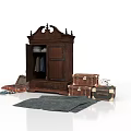Ornate Antique Wooden Wardrobe With Open Doors Clothes Vintage Trunks And Gray Rug
