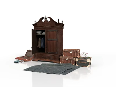Ornate Antique Wooden Wardrobe With Open Doors Clothes Vintage Trunks And Gray Rug 3d model