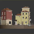 European Building Model with Red Roofs Colorful Walls Arched Windows and Small Balconies