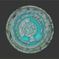 Circular Spiral Structure with Blue Green Glowing Layers and Geometric Design