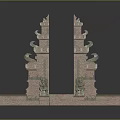 Traditional Symmetric Stone Carved Gate Structure With Steps And Decorative Ornaments