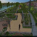Scenic Garden Landscape with Lake Lush Trees Colorful Flowers Walking Paths and Seating Areas