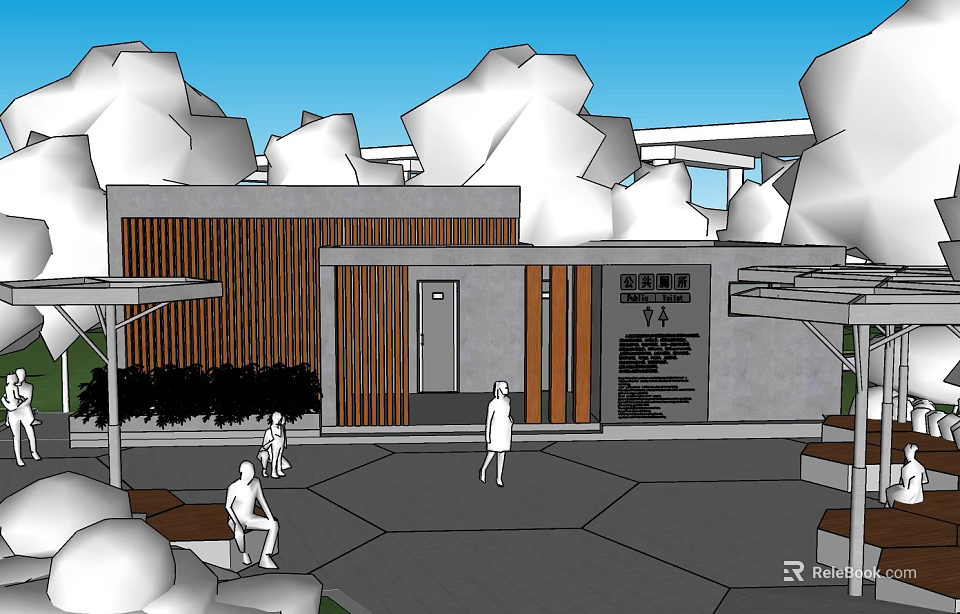 Modern Public Building With Wooden Panels Benches And Outdoor Leisure Area 3d model 
