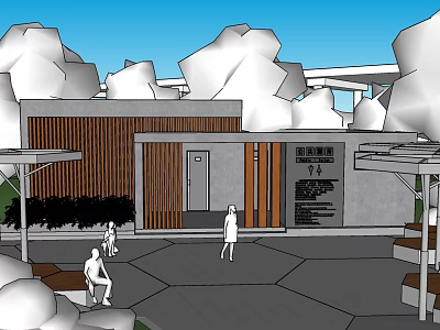 Modern Public Building With Wooden Panels Benches And Outdoor Leisure Area 3d model