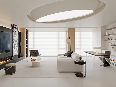 Modern Living Room Interior With White Sofa Round Ceiling Light Fireplace And Large Windows 3d model