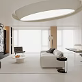 Modern Living Room Interior With White Sofa Round Ceiling Light Fireplace And Large Windows