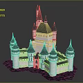 Cartoon Fantasy Castle Scene With Pointed Towers White Walls Green Roofs And Lush Grass