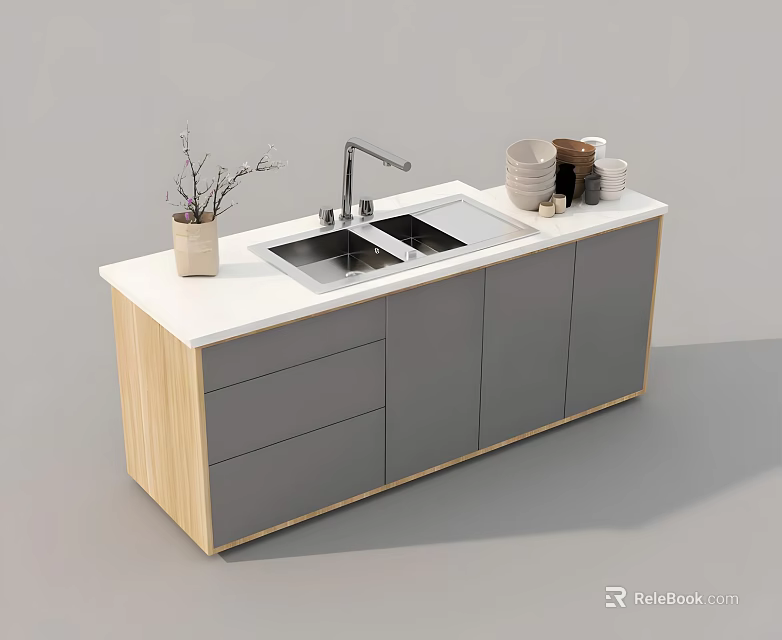 Modern Kitchen Cabinets With White Countertop Sink Faucet Potted Branches And Stacked Dishes 3d model 