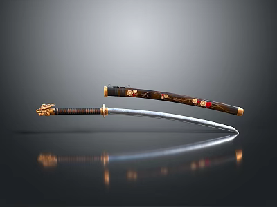 Traditional Samurai Sword Weapon With Curved Steel Blade Wooden Handle And Gold Decorative Accents 3d model