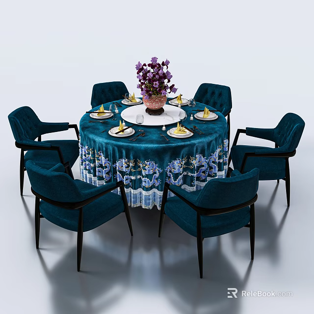 Elegant Round Dining Table Set with Patterned Tablecloth Purple Flowers and Dark Blue Chairs 3d model