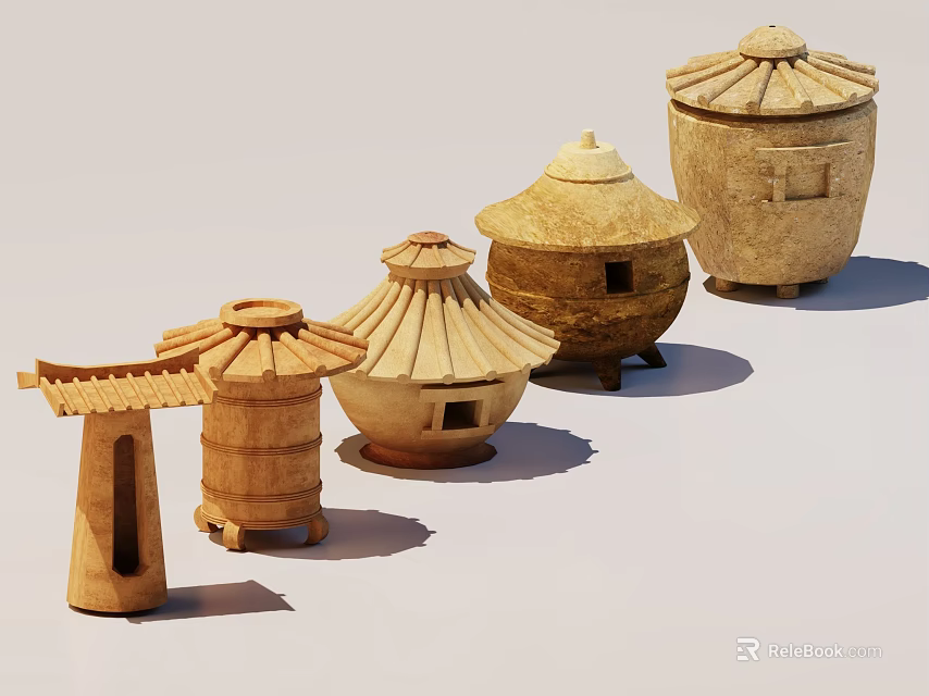 Various Handmade Wooden Containers With Traditional Lids And Crafted Designs 3d model 