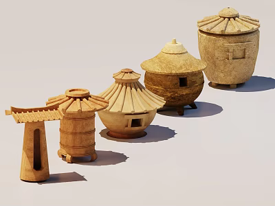 Various Handmade Wooden Containers With Traditional Lids And Crafted Designs 3d model