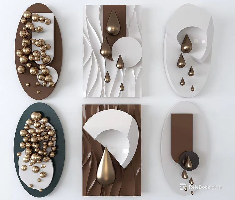Modern Wall Decor with Geometric Shapes Gold Droplets and Spheres 3d model 
