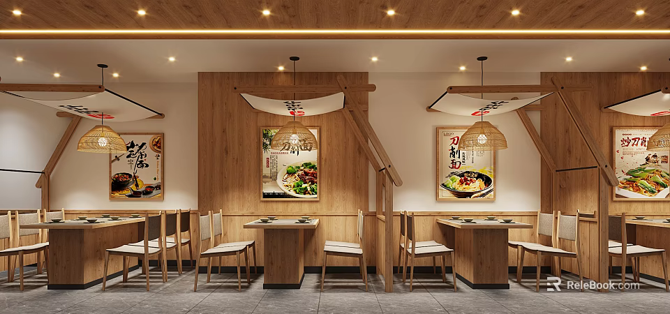 Traditional Asian Restaurant Interior With Wooden Walls Posters Dining Tables Chairs And Hanging Lights 3d model 