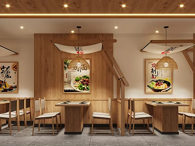 Traditional Asian Restaurant Interior With Wooden Walls Posters Dining Tables Chairs And Hanging Lights 3d model