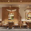 Traditional Asian Restaurant Interior With Wooden Walls Posters Dining Tables Chairs And Hanging Lights