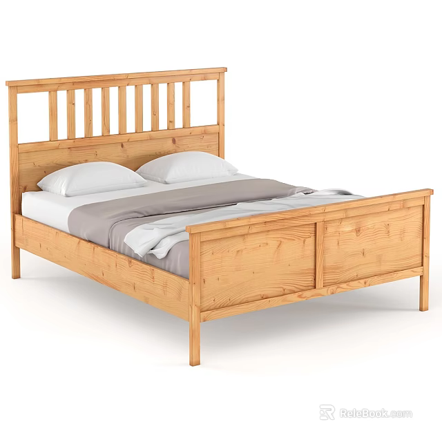 Wooden Double Bed with Slatted Headboard and White Gray Bedding 3d model 