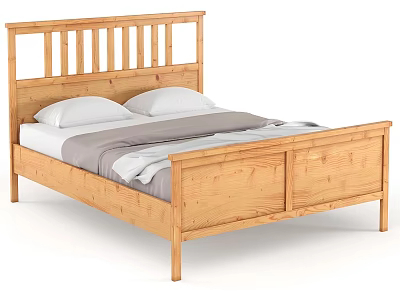 Wooden Double Bed with Slatted Headboard and White Gray Bedding 3d model