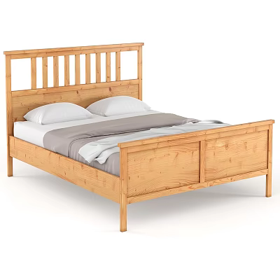 Wooden Double Bed with Slatted Headboard and White Gray Bedding 3d model