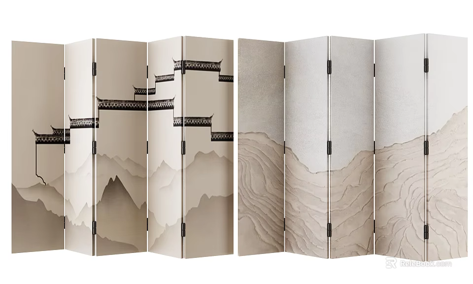 Oriental Folding Screen With Mountain Landscape And Traditional Tower Patterns In Neutral Tones 3d model 