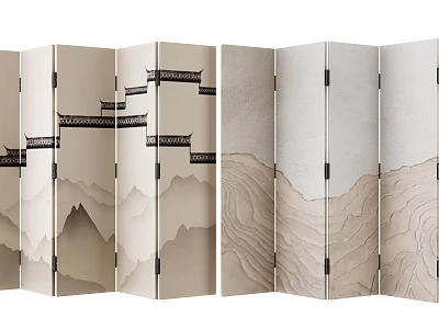 Oriental Folding Screen With Mountain Landscape And Traditional Tower Patterns In Neutral Tones 3d model