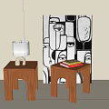 Wooden Side Tables With Minimalist Design And Lamp Books Near Abstract Art