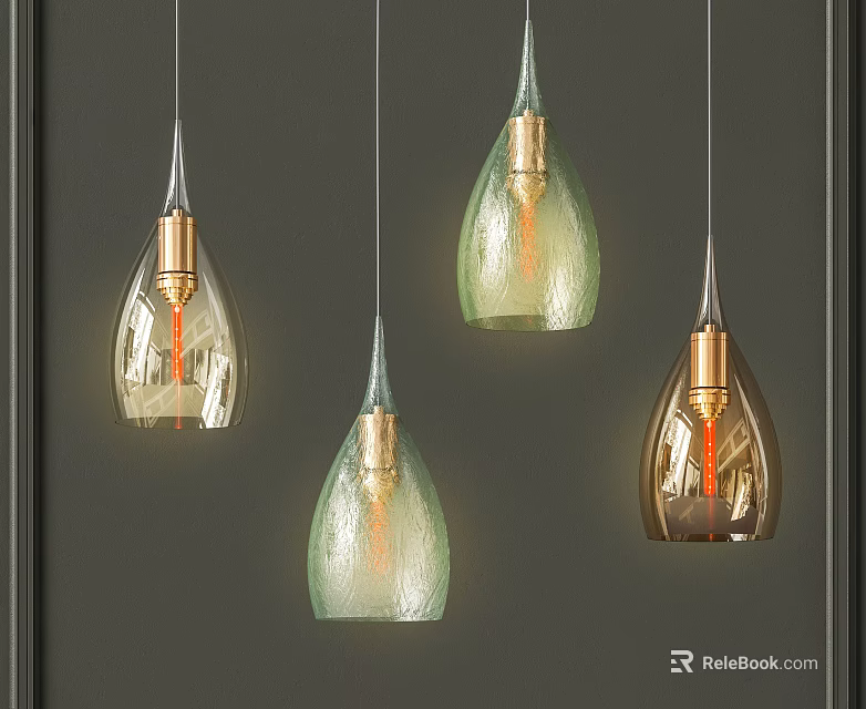 Stylish Glass Pendant Lights With Metal Bases In Various Colors Hanging On Dark Background 3d model 