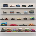Various Color Folded Clothes Neatly Arranged on Multiple Wall Shelves 3d model