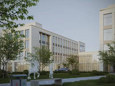 Modern Office Building Exterior With Glass Facade Landscaped Garden Trees And Lawn 3d model