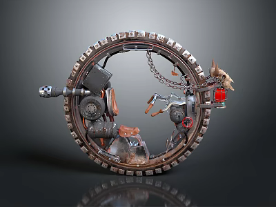 Motorcycle Inside Circular Mechanical Structure With Chain Gears Animal Figure And Red Industrial Metallic Design 3d model