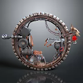 Motorcycle Inside Circular Mechanical Structure With Chain Gears Animal Figure And Red Industrial Metallic Design