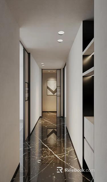 Modern Elevator Hallway With Marble Floor And Art Decor 3d model 