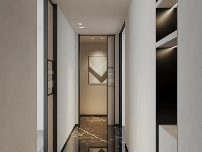 Modern Elevator Hallway With Marble Floor And Art Decor 3d model
