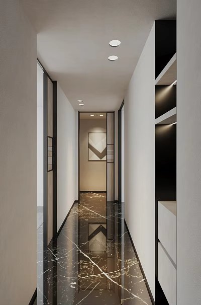Modern Elevator Hallway With Marble Floor And Art Decor 3d model
