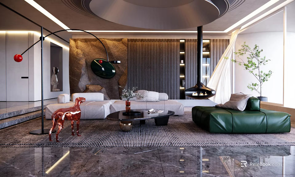 Modern Living Room Interior Design With White Green Sofa Red Deer Ornament And Black Fireplace 3d model 