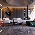 Modern Living Room Interior Design With White Green Sofa Red Deer Ornament And Black Fireplace