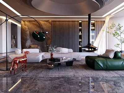 Modern Living Room Interior Design With White Green Sofa Red Deer Ornament And Black Fireplace 3d model