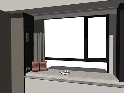 Modern Bay Window Seat Design With Soft Curtains Decorative Pillows And Smooth Countertop 3d model