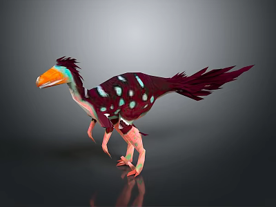 3D Model Feathered Dinosaur Character With Maroon Body White Blue Spots And Orange Beak 3d model