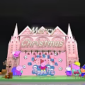 Pink Castle Style Christmas Stage With Cartoon Characters Mushroom Decorations And Green Floor