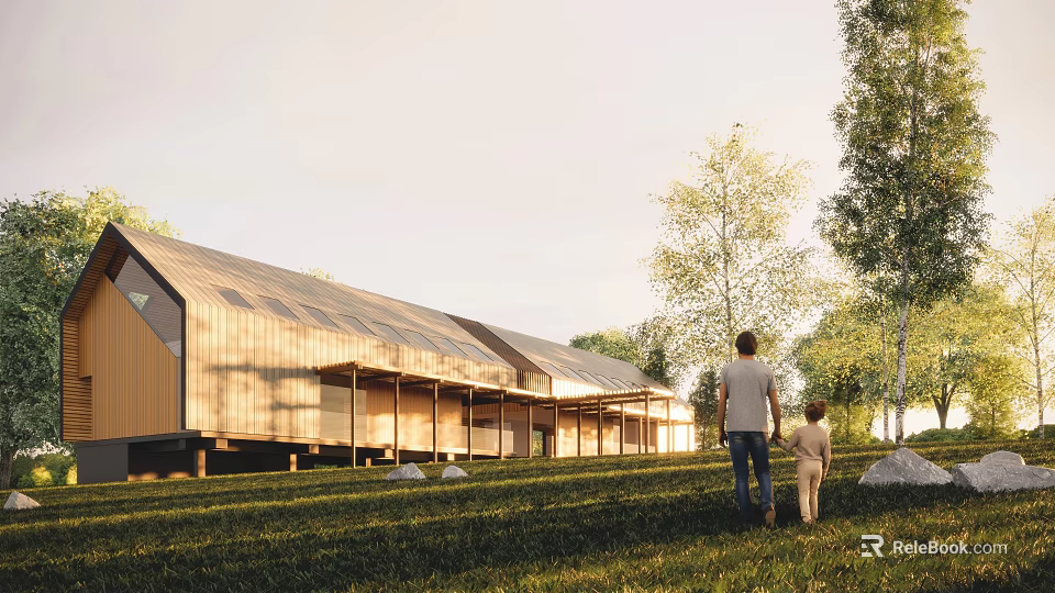 Modern Wooden Single Family House In Grassy Area With Trees And Walking Family 3d model 