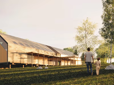 Modern Wooden Single Family House In Grassy Area With Trees And Walking Family 3d model