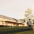 Modern Wooden Single Family House In Grassy Area With Trees And Walking Family
