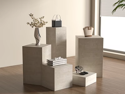 Concrete Pedestals Display with Vase Flowers Black Handbag Books and High Heels in Room with Wooden Floor 3d model