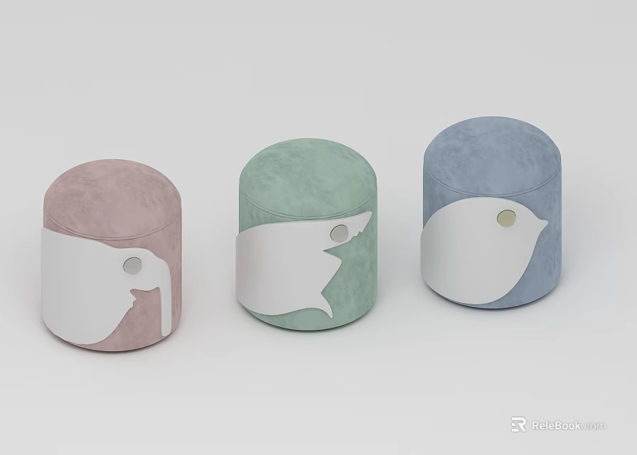 Colorful Cylindrical Stools With White Animal Head Designs In Pink Green Blue 3d model 