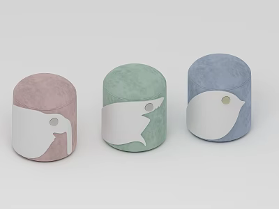 Colorful Cylindrical Stools With White Animal Head Designs In Pink Green Blue 3d model