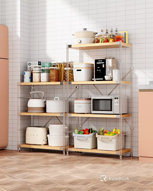 Practical Kitchen Storage Shelving Unit with Microwave Rice Cookers Storage Containers Vegetables and Jars 3d model 