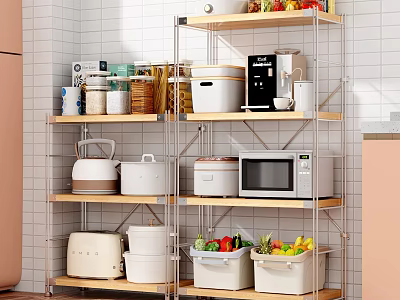 Practical Kitchen Storage Shelving Unit with Microwave Rice Cookers Storage Containers Vegetables and Jars 3d model
